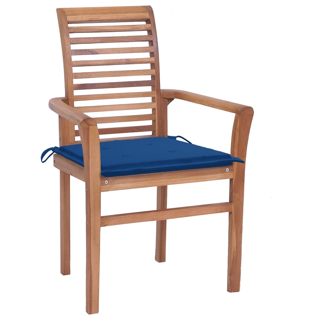 8 Piece Dining Chairs with Royal Blue Cushions in Solid Teak