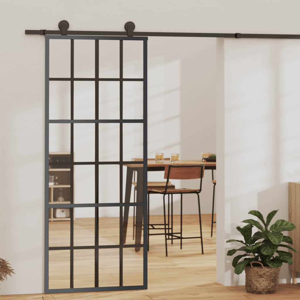 Porta Scorrevole in Vetro ESG e Alluminio 76x205 cm Nera - homemem39