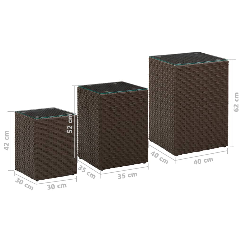 Tavolini 3 pz con Piano in Vetro Marroni in Polyrattan | homemem39