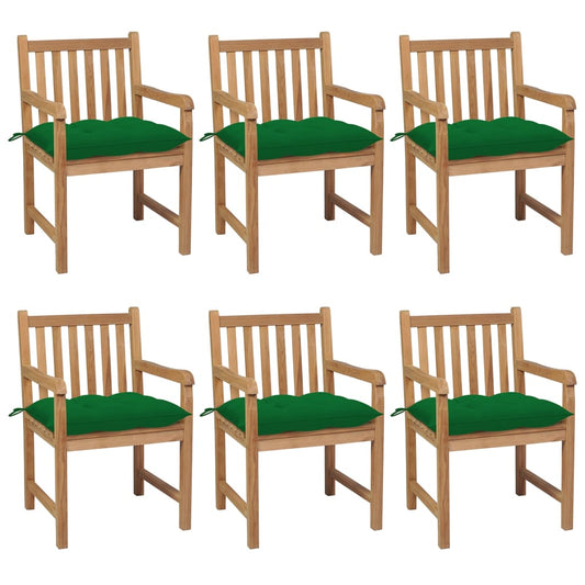 Garden Chairs 6 pcs with Green Cushions in Solid Teak