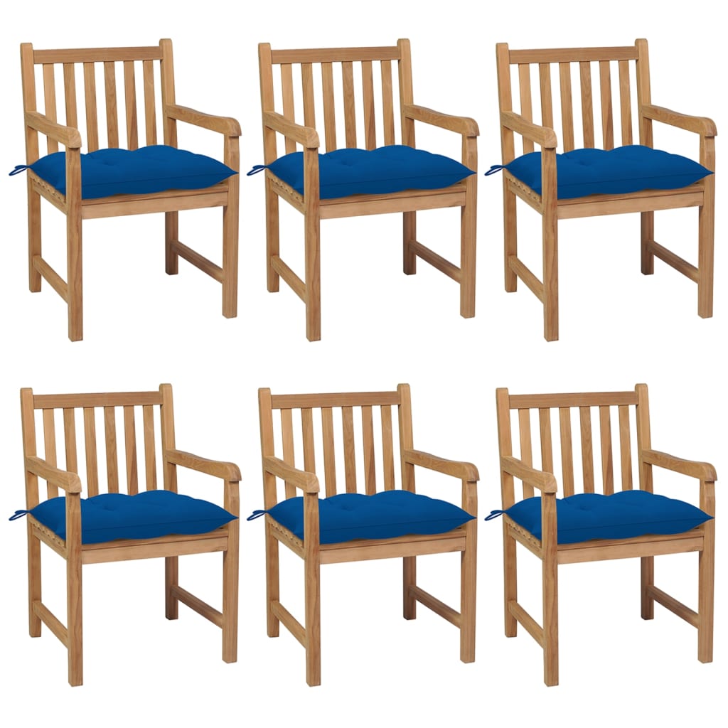 Garden Chairs 6 pcs with Blue Cushions in Solid Teak