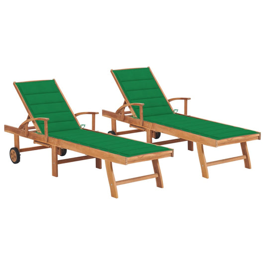 2 pcs Sun Loungers with Green Cushion in Teak Wood