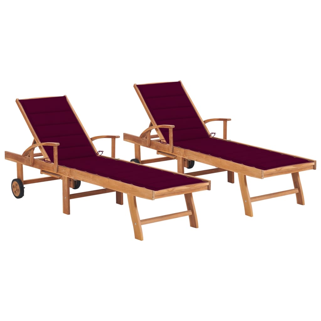 2 pcs Sun Loungers with Wine Red Cushion in Teak Wood