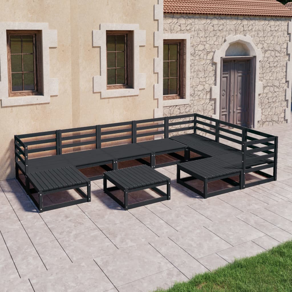 Set Divani da Giardino 10 pz Nero in Legno Massello di Pino - homemem39