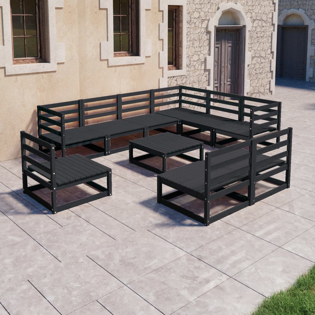 Set Divani da Giardino 10 pz Nero in Legno Massello di Pino - homemem39