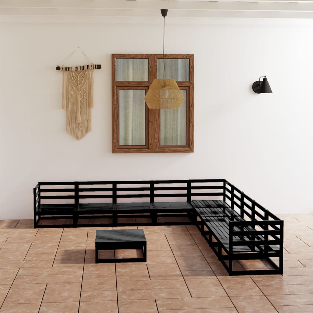 Set Divani da Giardino 10 pz Nero in Legno Massello di Pino - homemem39