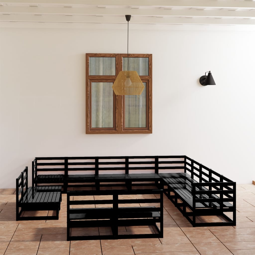 Set Divani da Giardino 13 pz Nero in Legno Massello di Pino - homemem39