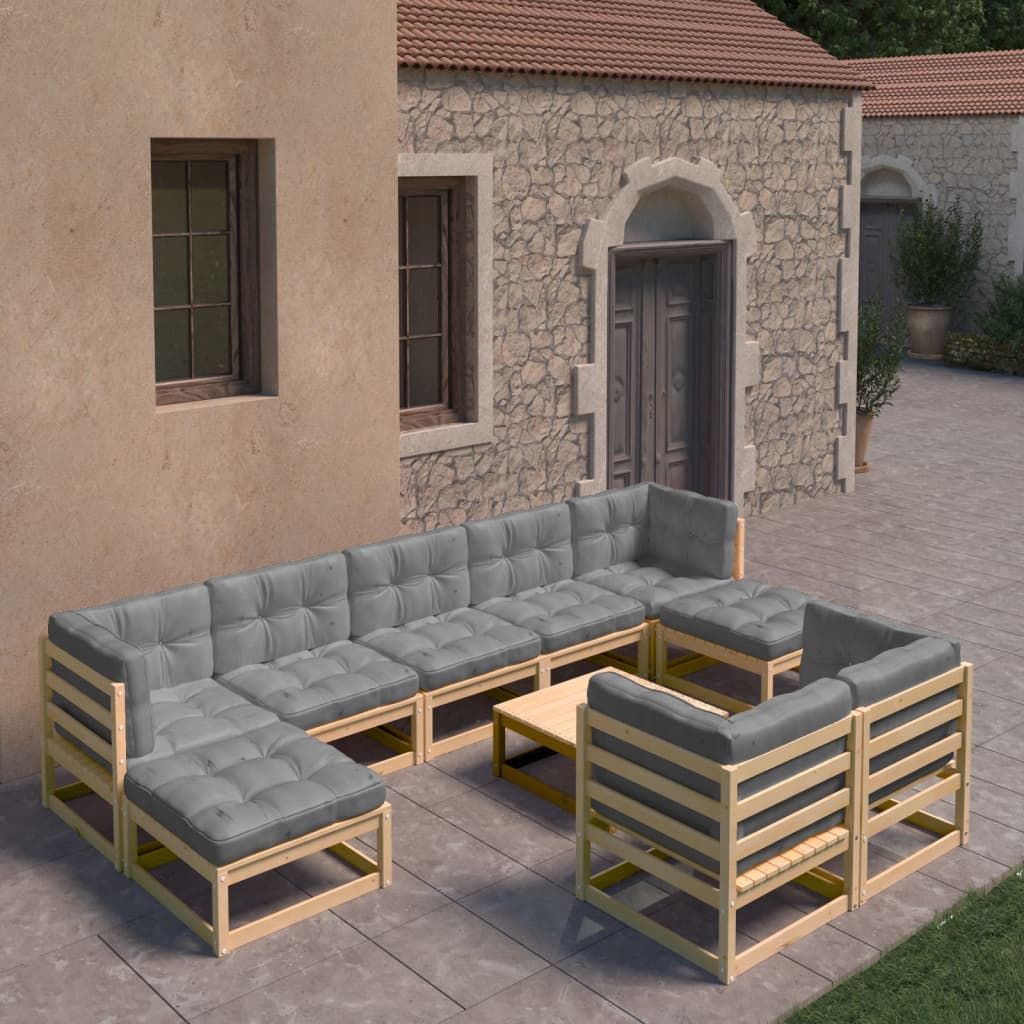 Set Salotto Giardino 10pz Cuscini Antracite Legno Massello Pino | homemem39