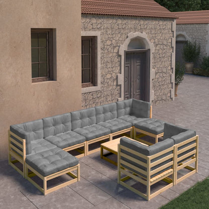 Set Salotto Giardino 10pz Cuscini Antracite Legno Massello Pino | homemem39