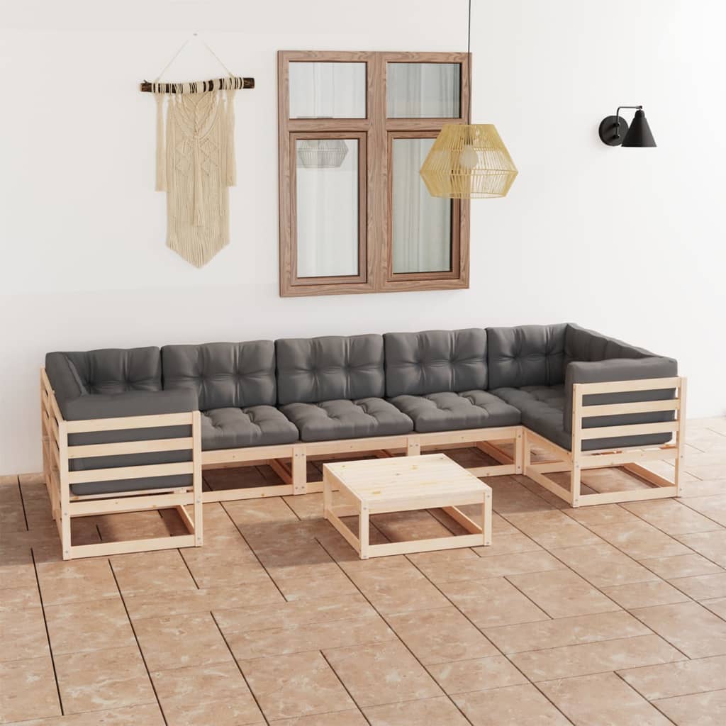 Set Salotto Giardino 8 pz Cuscini Antracite Legno Massello Pino | homemem39
