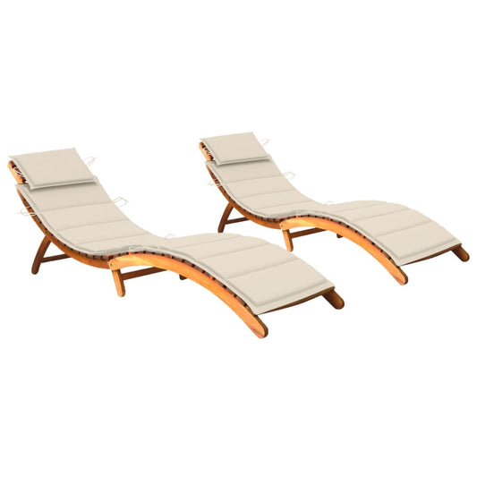 2 pcs Sun Loungers with Cushions in Solid Acacia Wood