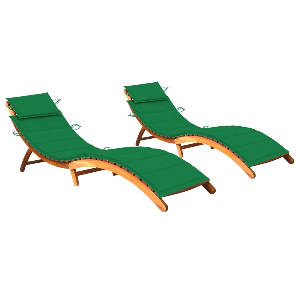 2 pcs Sun Loungers with Cushions in Solid Acacia Wood