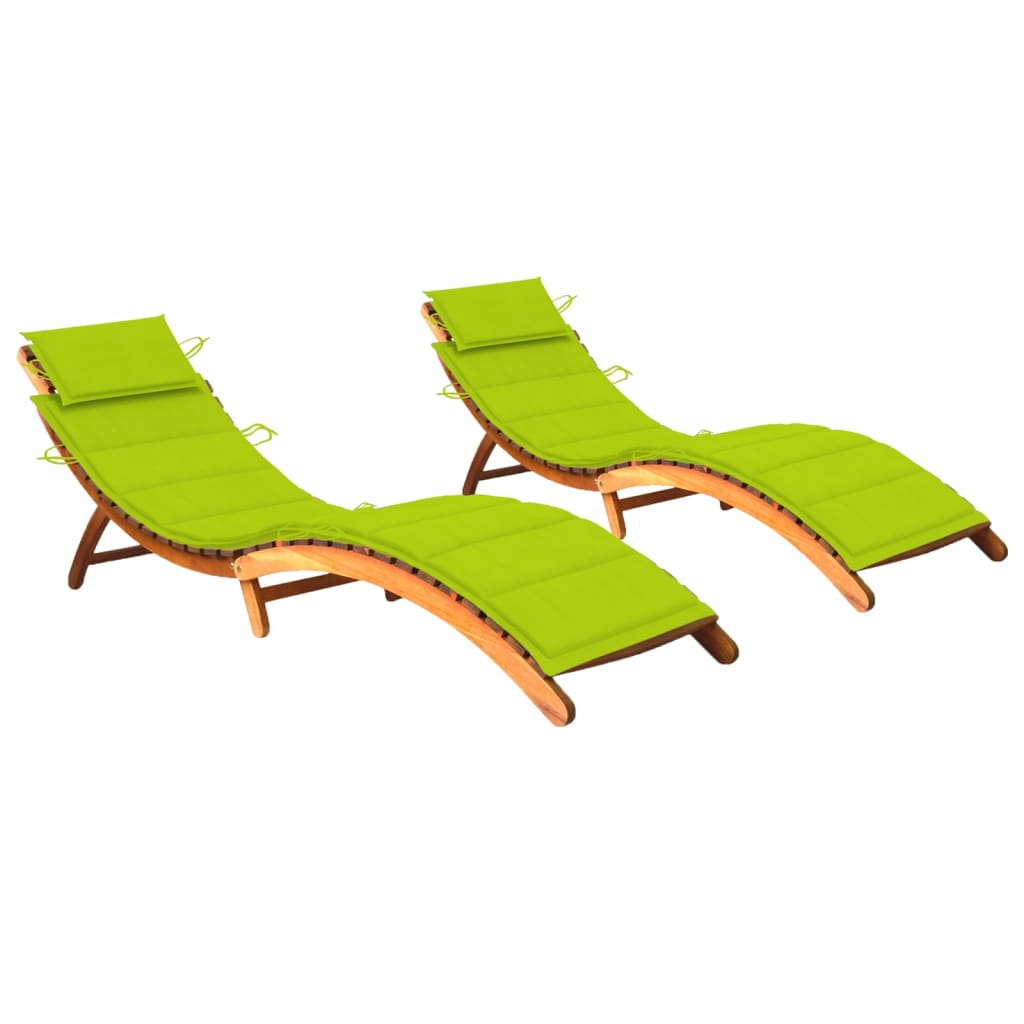 2 pcs Sun Loungers with Cushions in Solid Acacia Wood