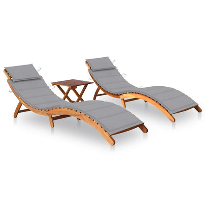2 pcs Sun Loungers with Acacia Wood Table and Cushions