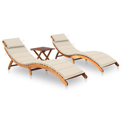 2 pcs Sun Loungers with Acacia Wood Table and Cushions