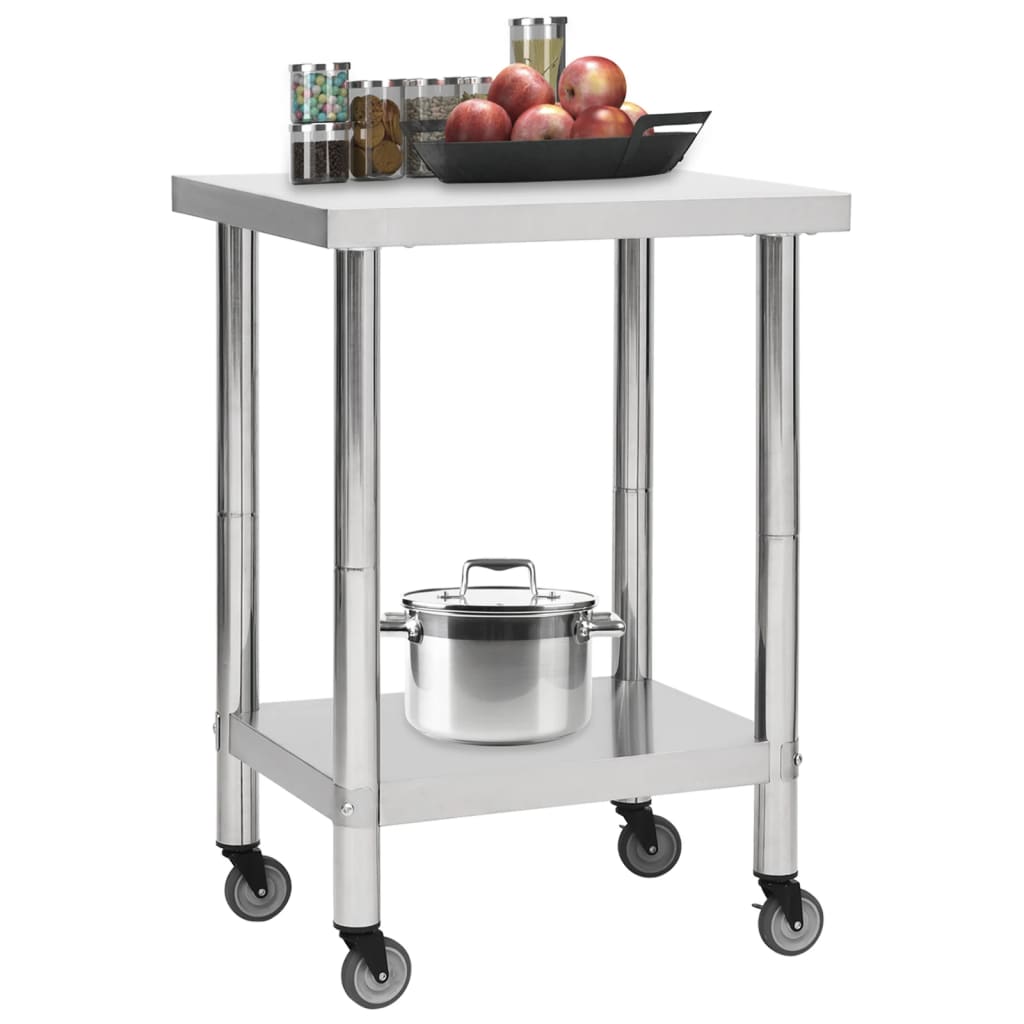 Tavolo da Lavoro Cucina con Ruote 60x30x85 cm in Acciaio Inox - homemem39