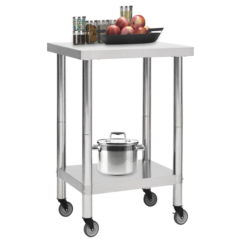 Tavolo da Lavoro Cucina con Ruote 60x60x85 cm in Acciaio Inox - homemem39