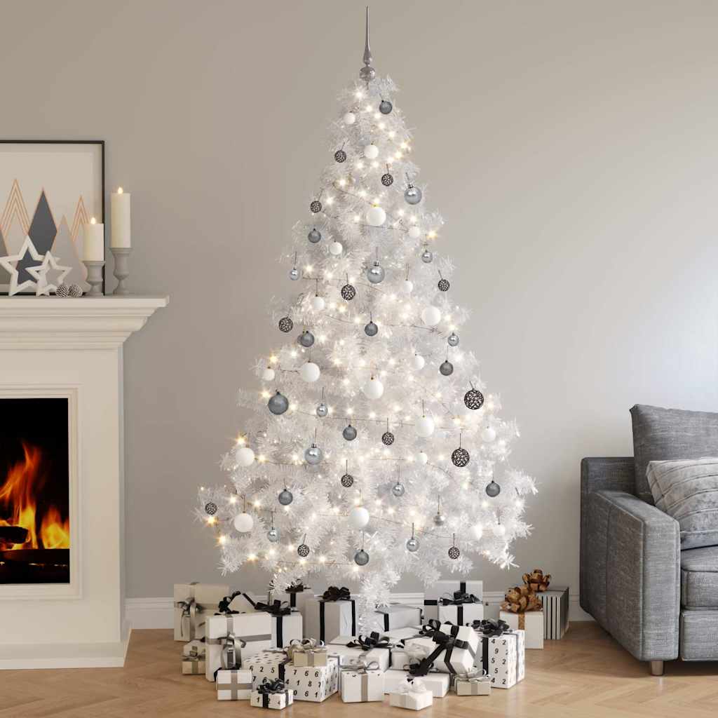 Albero di Natale a Metà Preilluminato con Palline Bianco 210 cm