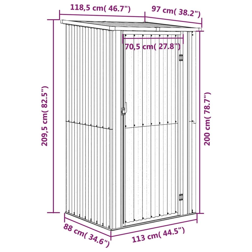 Gray Garden Shed 118.5x97x209.5 cm in Galvanized Steel