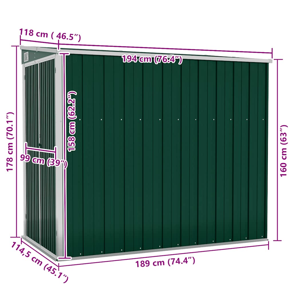 Capanno Giardino a Parete Verde 118x194x178 cm Acciaio Zincato | homemem39
