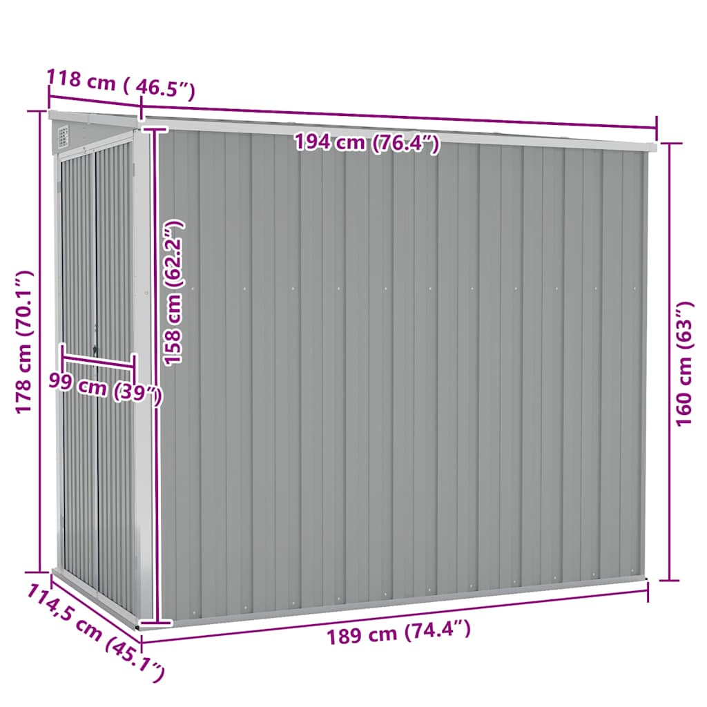 Capanno Giardino a Parete Grigio 118x194x178 cm Acciaio Zincato | homemem39