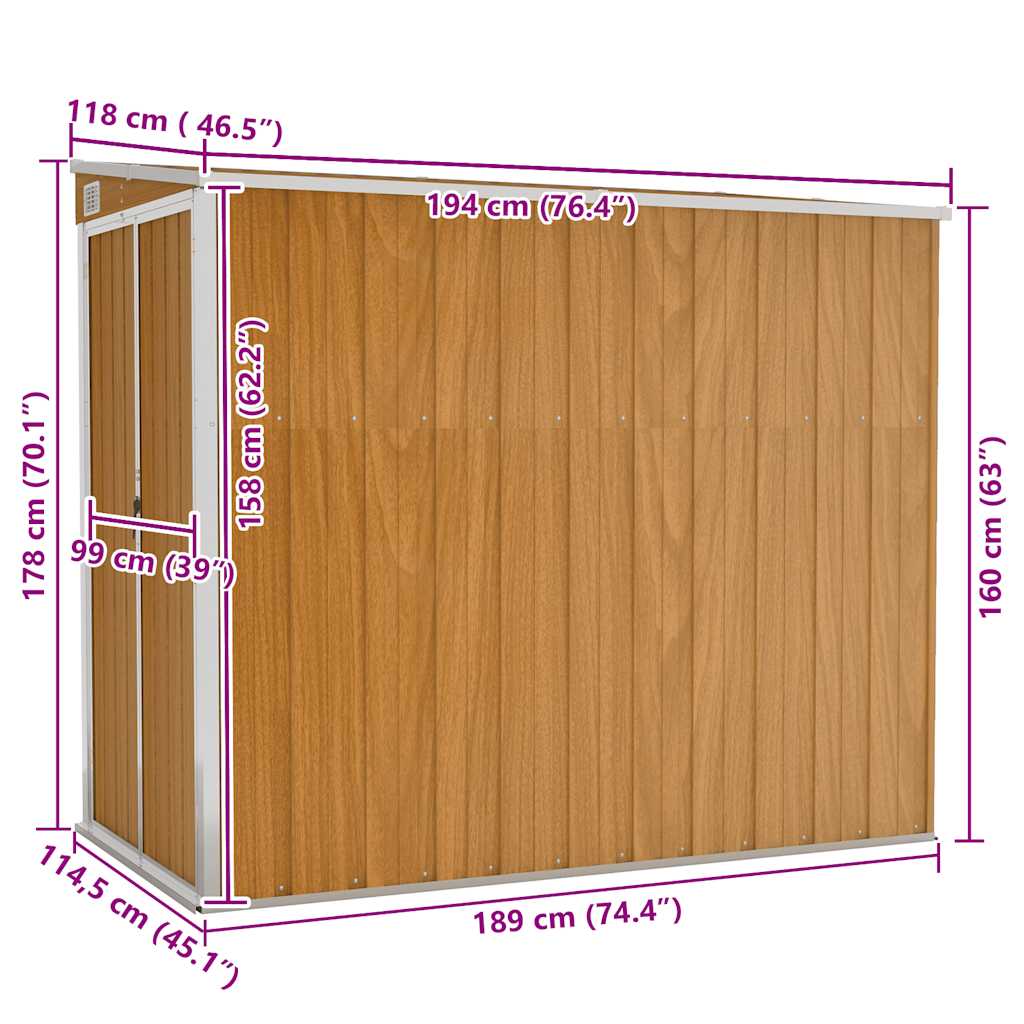 Capanno Giardino a Parete Marrone 118x194x178cm Acciaio Zincato | homemem39