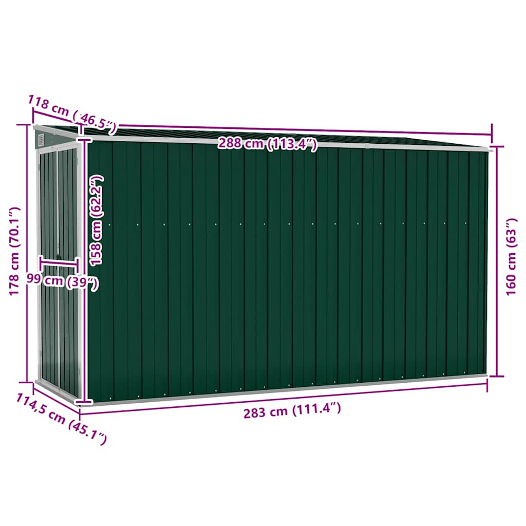 Capanno Giardino a Parete Verde 118x288x178 cm Acciaio Zincato