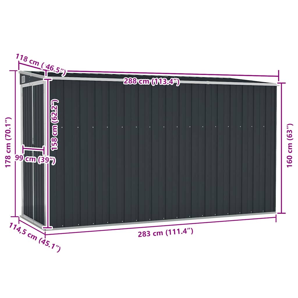 Capanno da Giardino a Parete Antracite 118x288x178 cm Acciaio