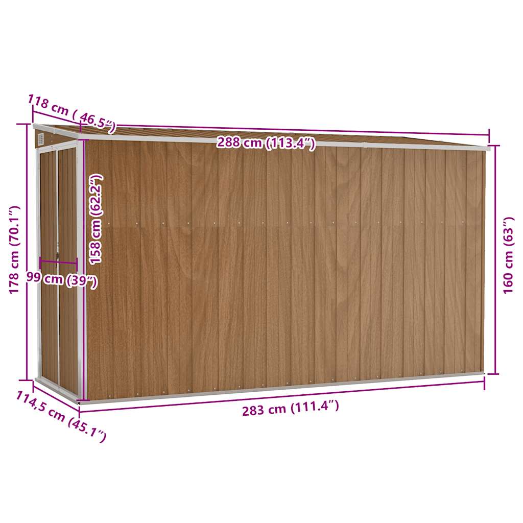Capanno Giardino a Parete Marrone 118x288x178cm Acciaio Zincato - homemem39
