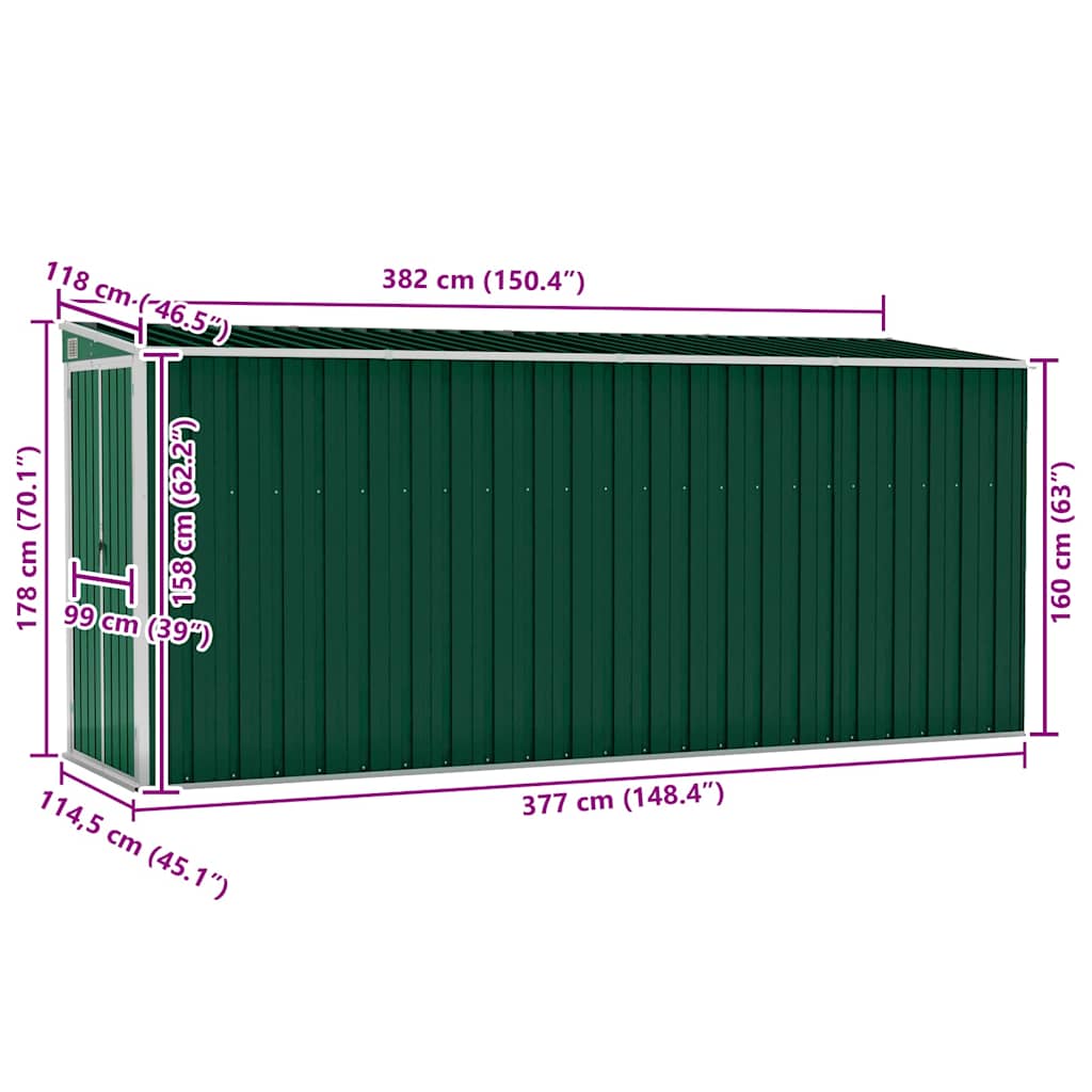 Capanno Giardino a Parete Verde 118x382x178 cm Acciaio Zincato | homemem39