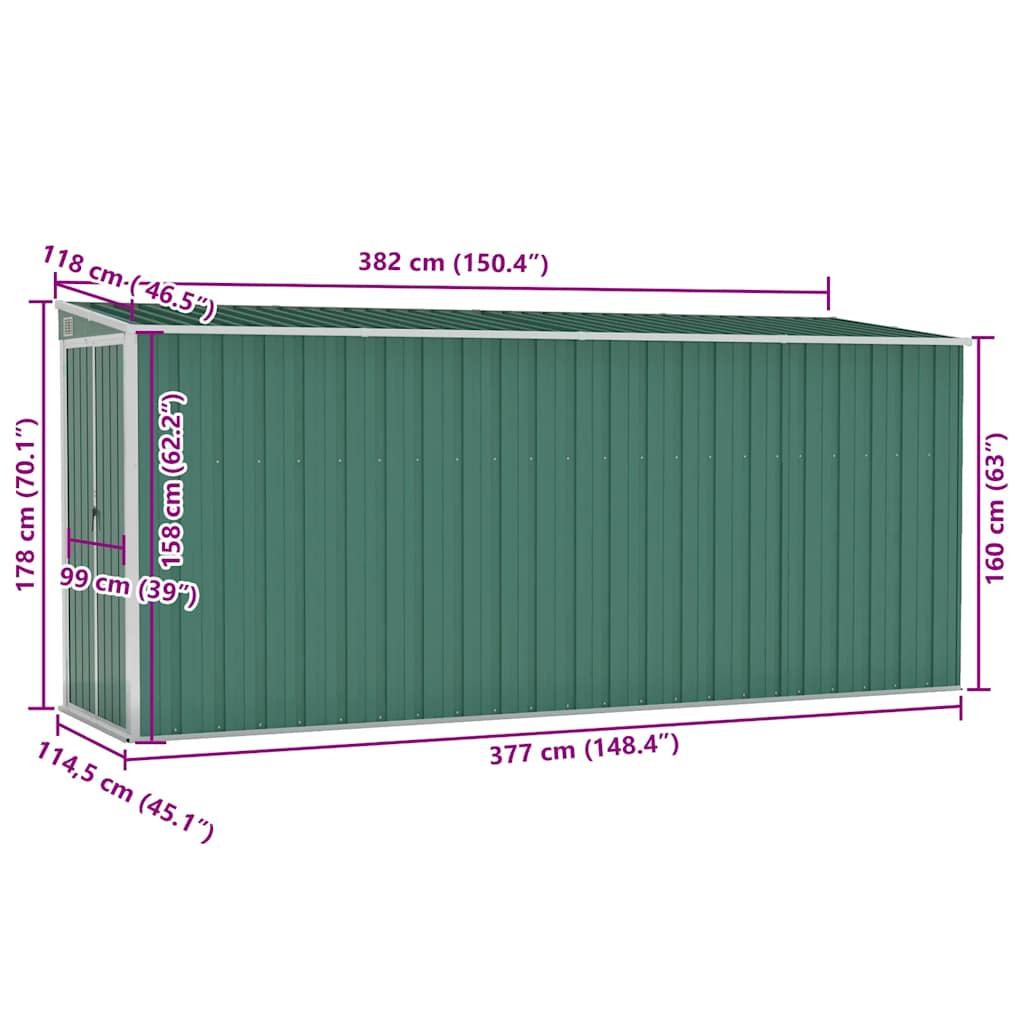 Capanno Giardino a Parete Verde 118x382x178 cm Acciaio Zincato - homemem39