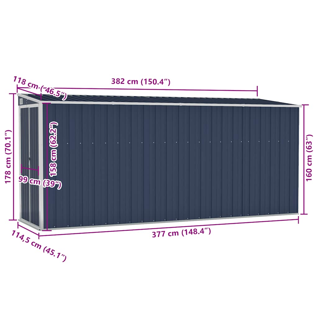 Capanno da Giardino a Parete Antracite 118x382x178 cm Acciaio - homemem39
