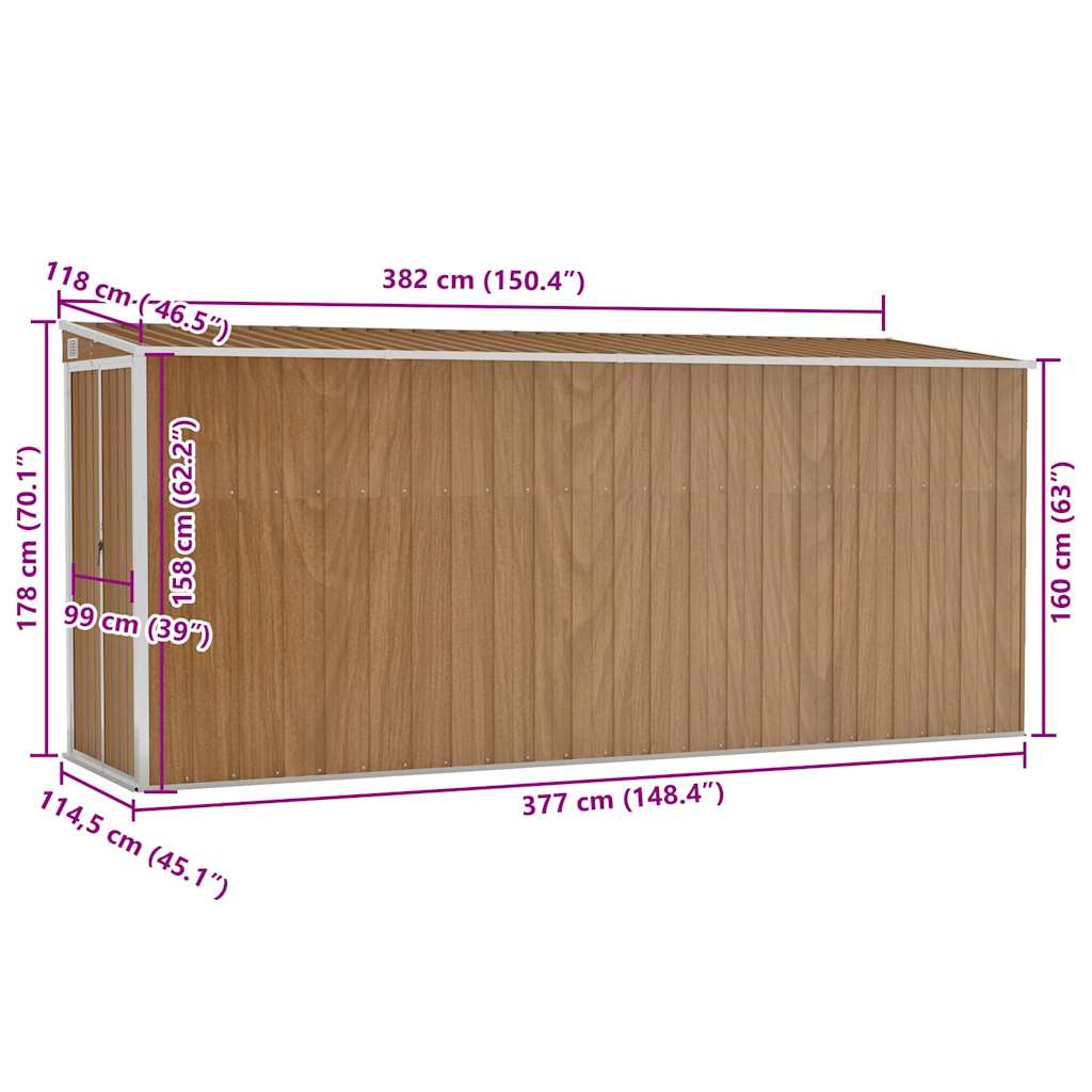 Capanno Giardino a Parete Marrone 118x382x178cm Acciaio Zincato - homemem39