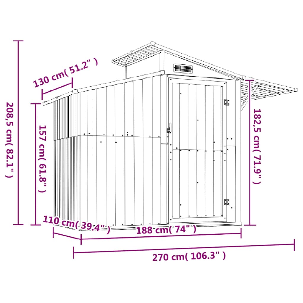 Capanno da Giardino Grigio 270x130x208,5 cm Acciaio Zincato | homemem39