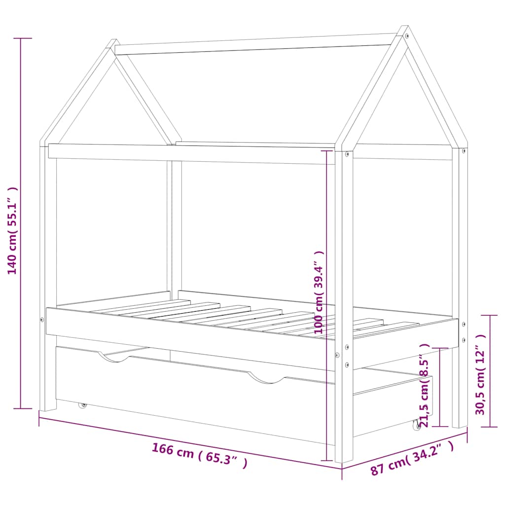 Giroletto per Bambini con Cassetto Legno Massello Pino 80x160cm - homemem39
