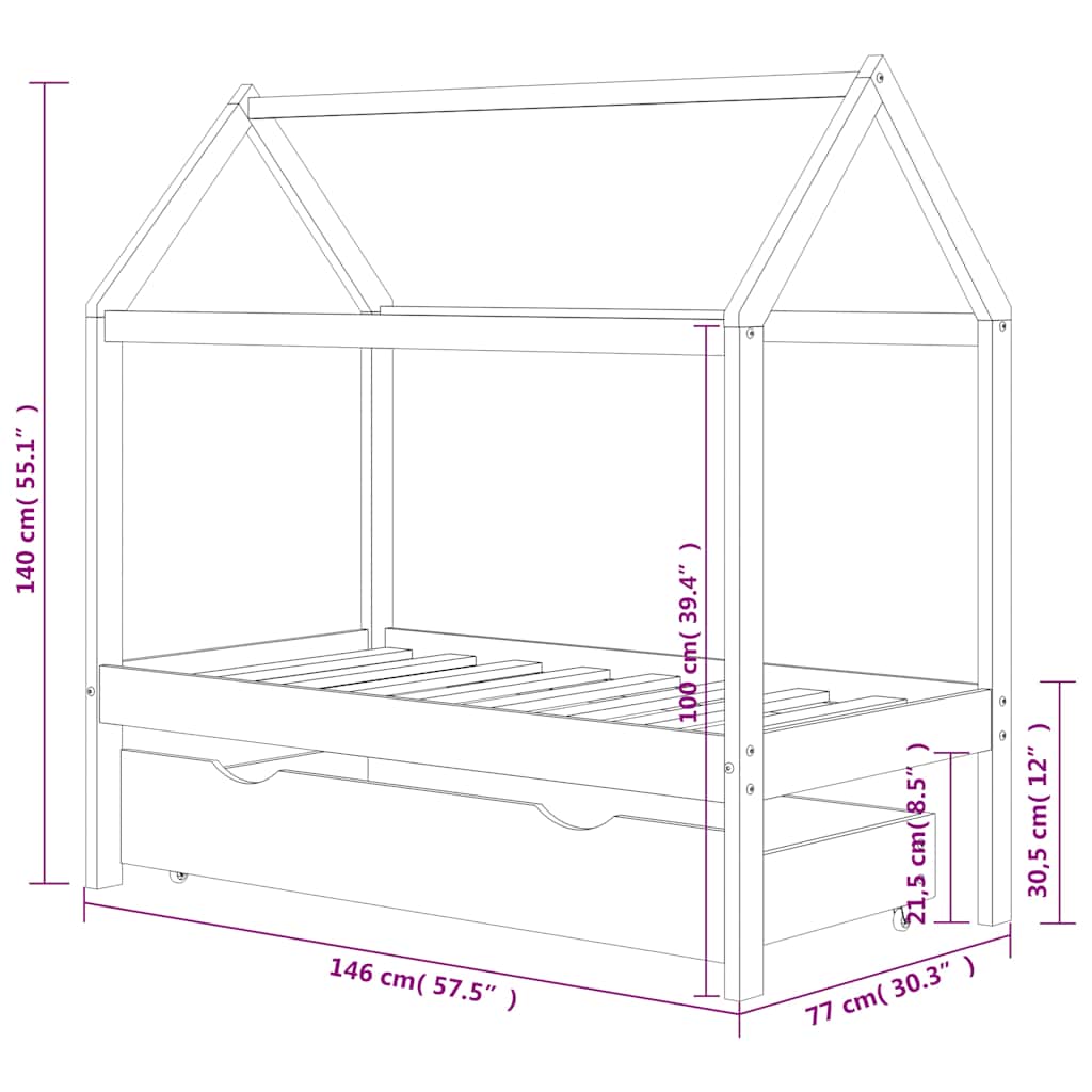Giroletto Bambini Cassetto Grigio Scuro Pino Massello 70x140 cm - homemem39