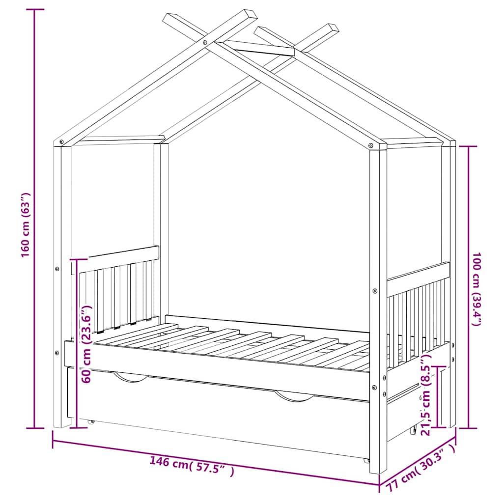 Giroletto per Bambini con Cassetto in Legno di Pino 70x140cm