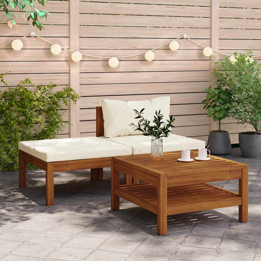 Set Divani Giardino 3 pz Cuscini Bianco Crema in Legno d'Acacia | homemem39