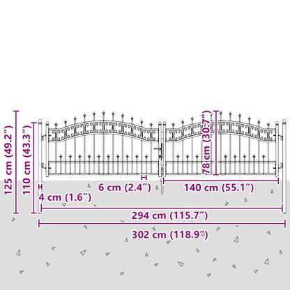 Cancello per recinzione KAMPEN con punta a lancia Nero 302x78 cm in acciaio | homemem39
