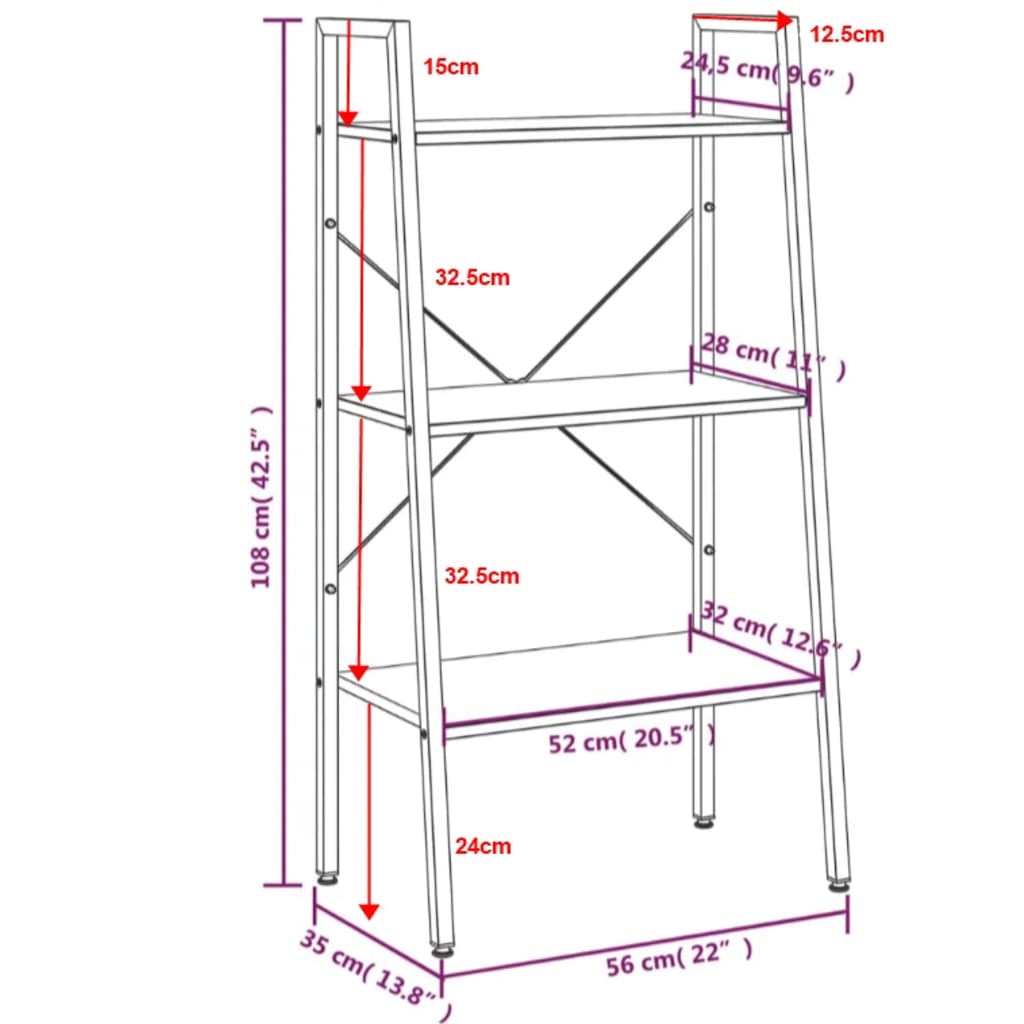 Scaffale Autoportante 3 Ripiani Marrone Scuro Nero 56x35x108 cm | homemem39