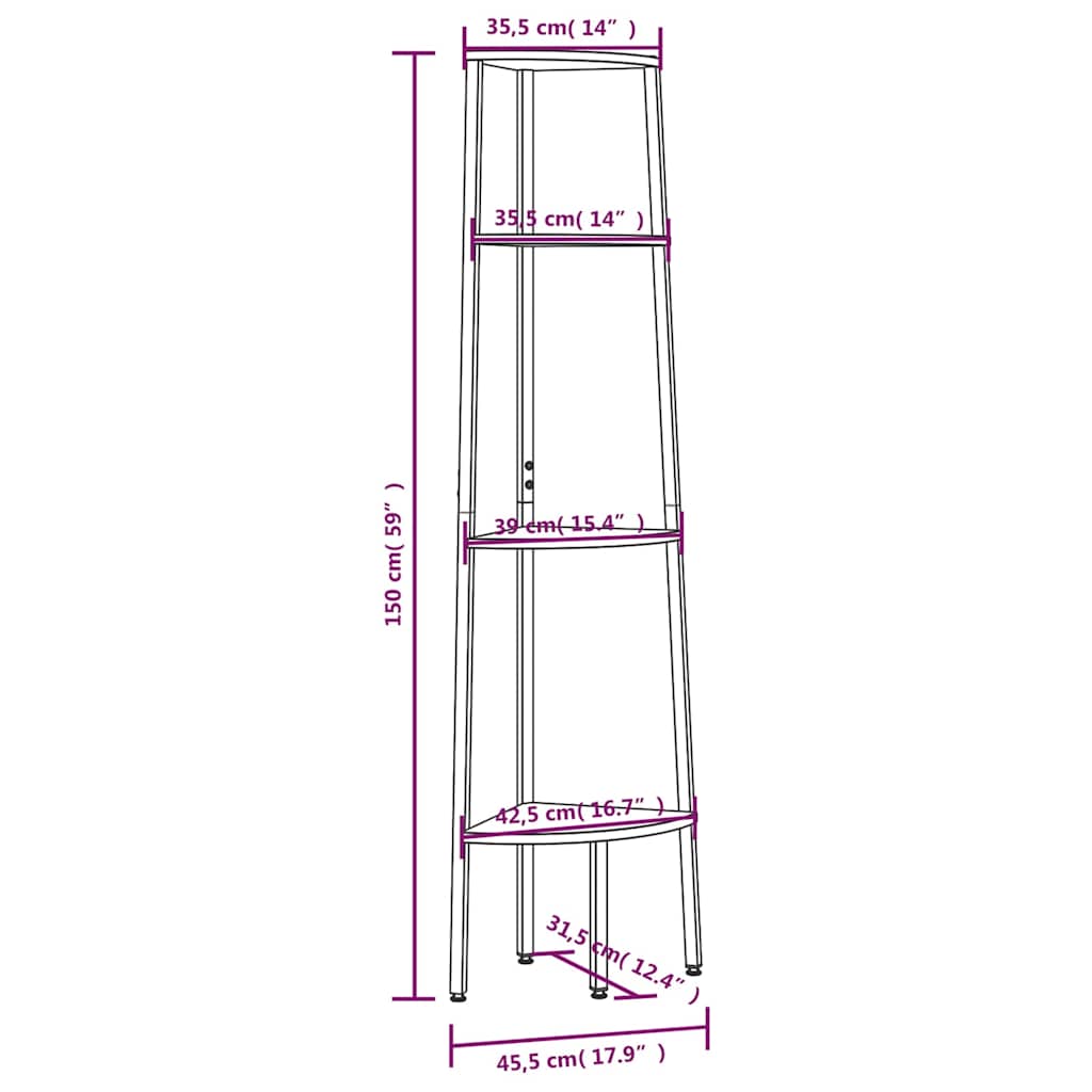 Scaffale angolare a 4 ripiani marrone scuro e nero 45,5x31,5x150 cm | homemem39