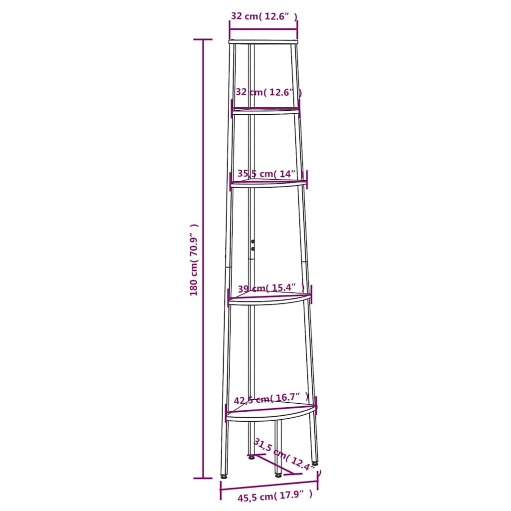 Scaffale Angolare a 5 Livelli Nero 45,5x31,5x180 cm