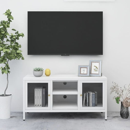 Mobile TV Bianco 105x35x52 cm in Acciaio e Vetro - homemem39