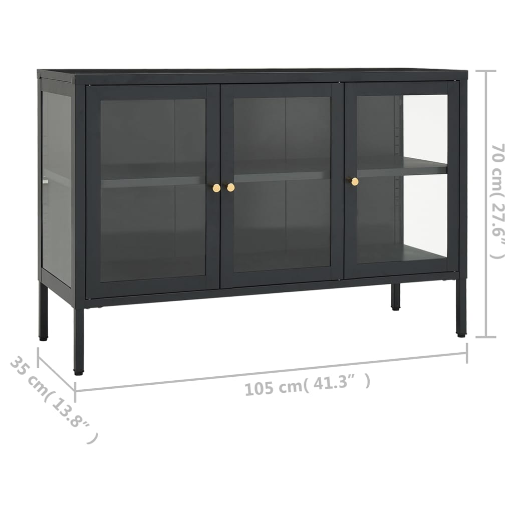 Credenza Antracite 105x35x70 cm in Acciaio e Vetro - homemem39