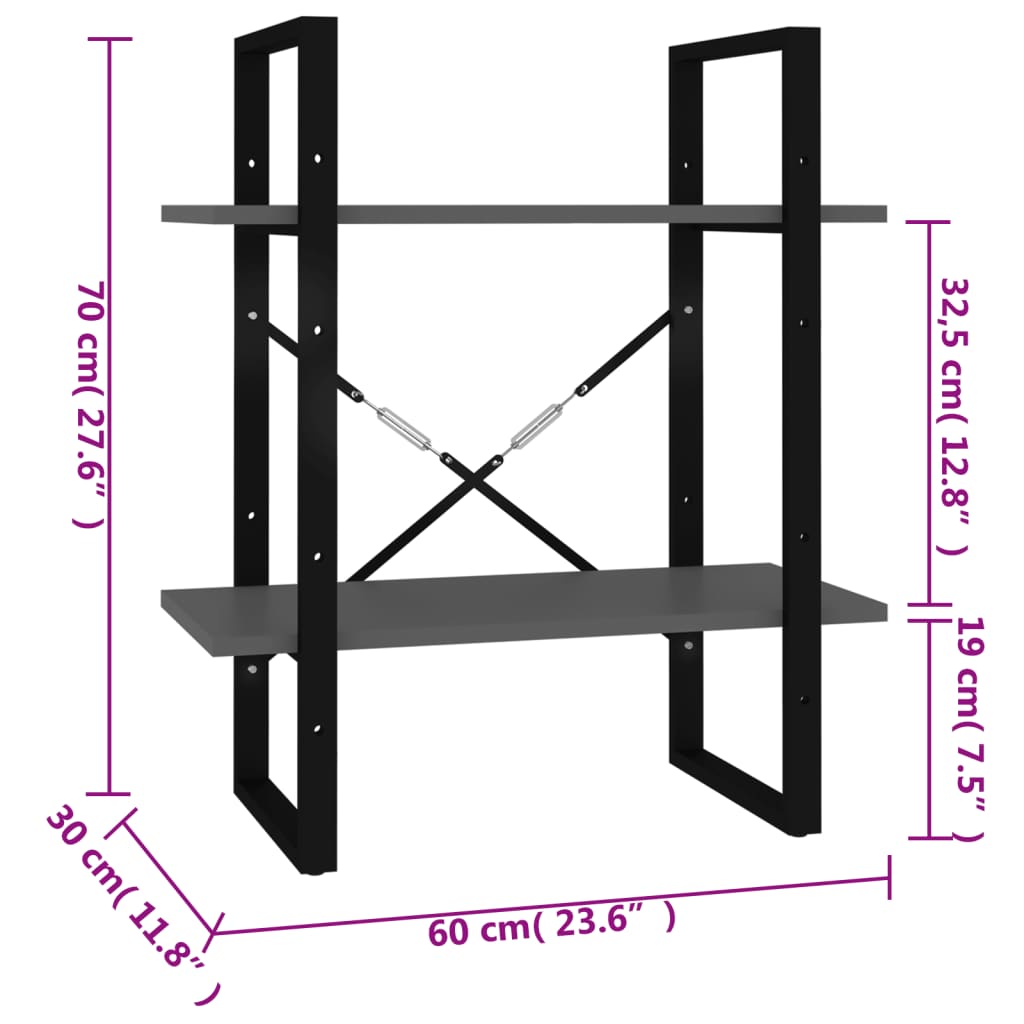 Libreria a 2 Ripiani Grigia 60x30x70 cm in Legno Multistrato | homemem39