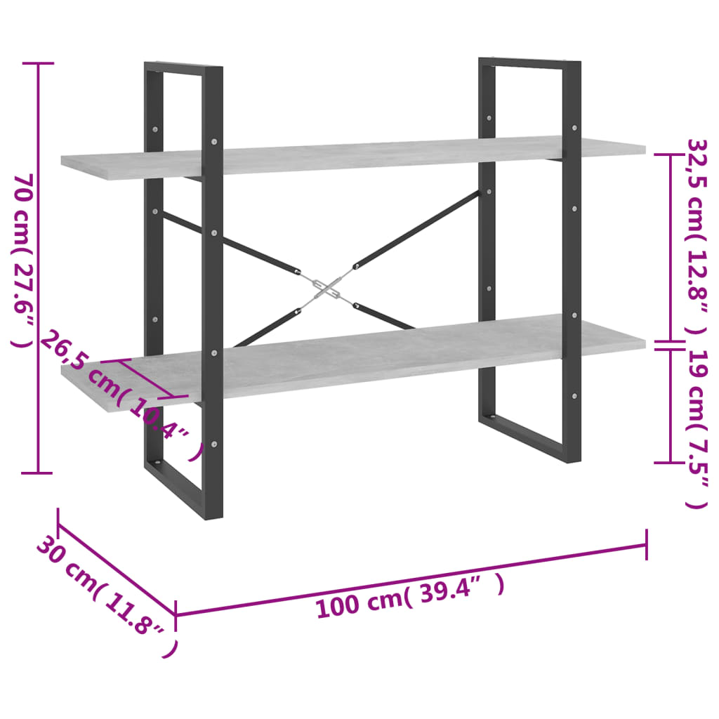 Libreria 2 Ripiani Grigio Cemento 100x30x70cm Legno Multistrato | homemem39