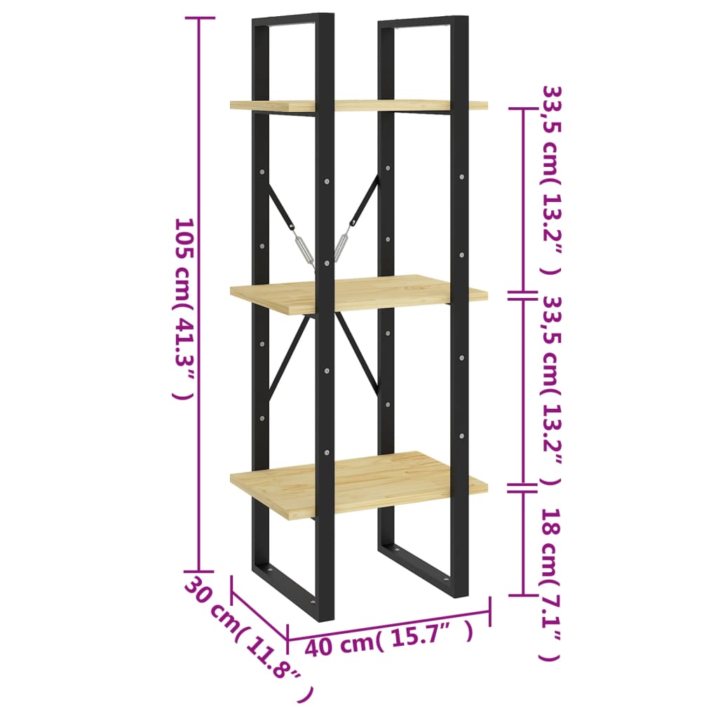 Libreria a 3 Ripiani 40x30x105 cm in Legno Massello di Pino | homemem39