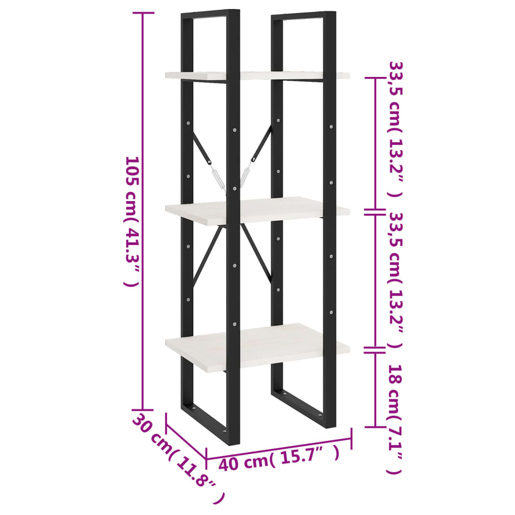 Libreria a 3 Ripiani Bianca 40x30x105 cm Legno Massello di Pino | homemem39