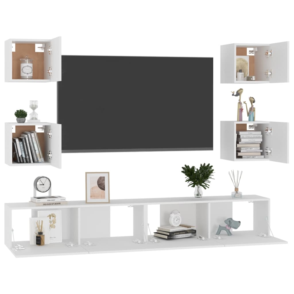 6 pc White TV Stand Furniture Set in Multilayer Wood