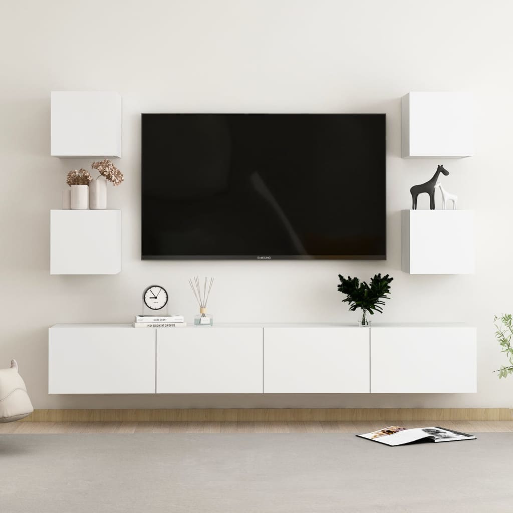 6 pc White TV Stand Furniture Set in Multilayer Wood